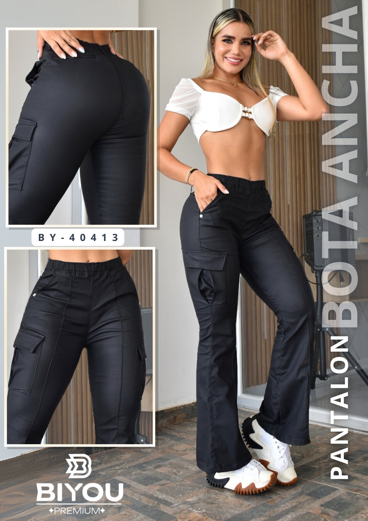 PANTALON BOTA ANCHA CUERINA MOLDEADOR REF. BY-40413