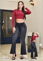 JEANS BOTA ANCHA GRIS CON PEDRERÍA REF. BY264002