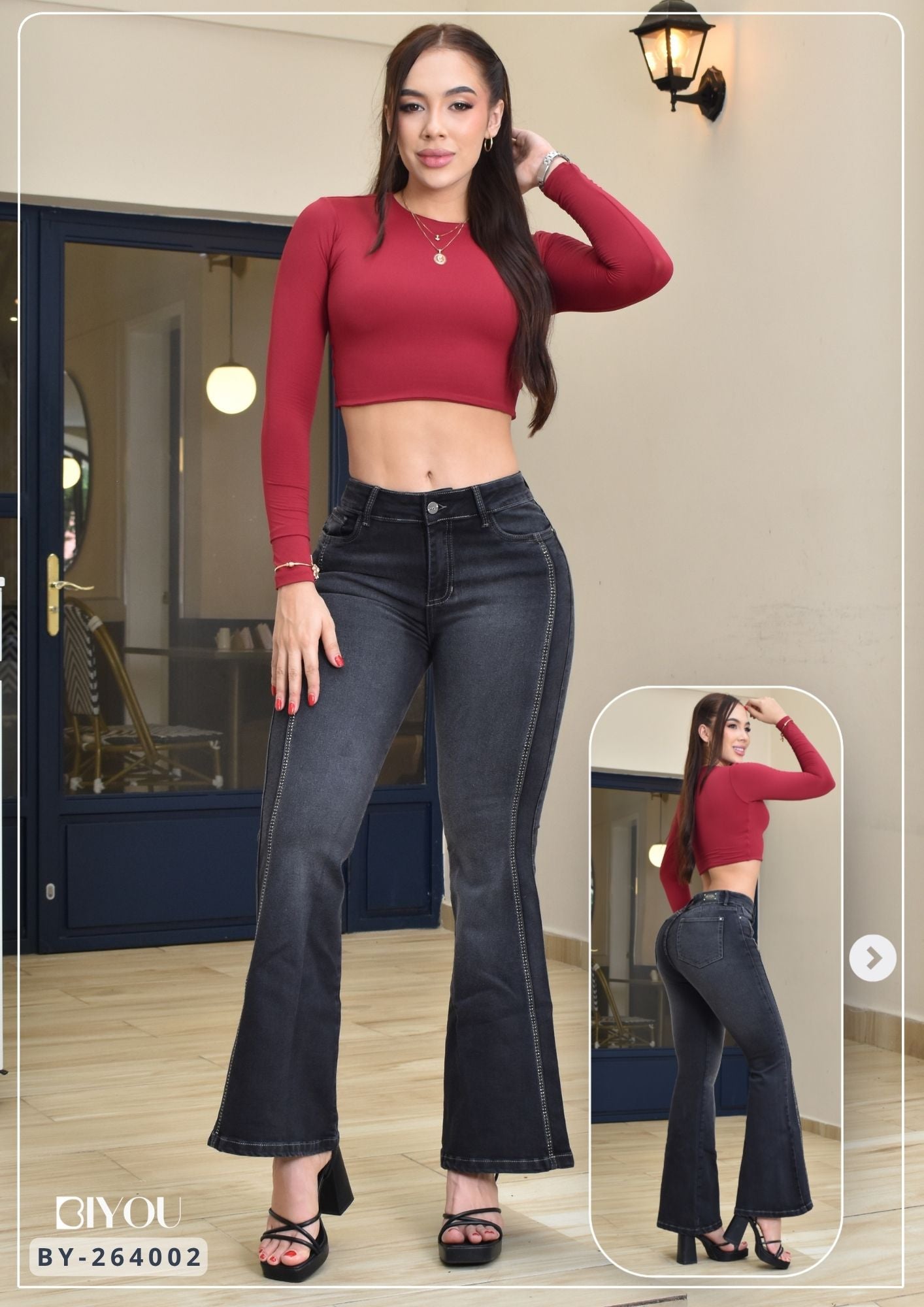 JEANS BOTA ANCHA GRIS CON PEDRERÍA REF. BY264002
