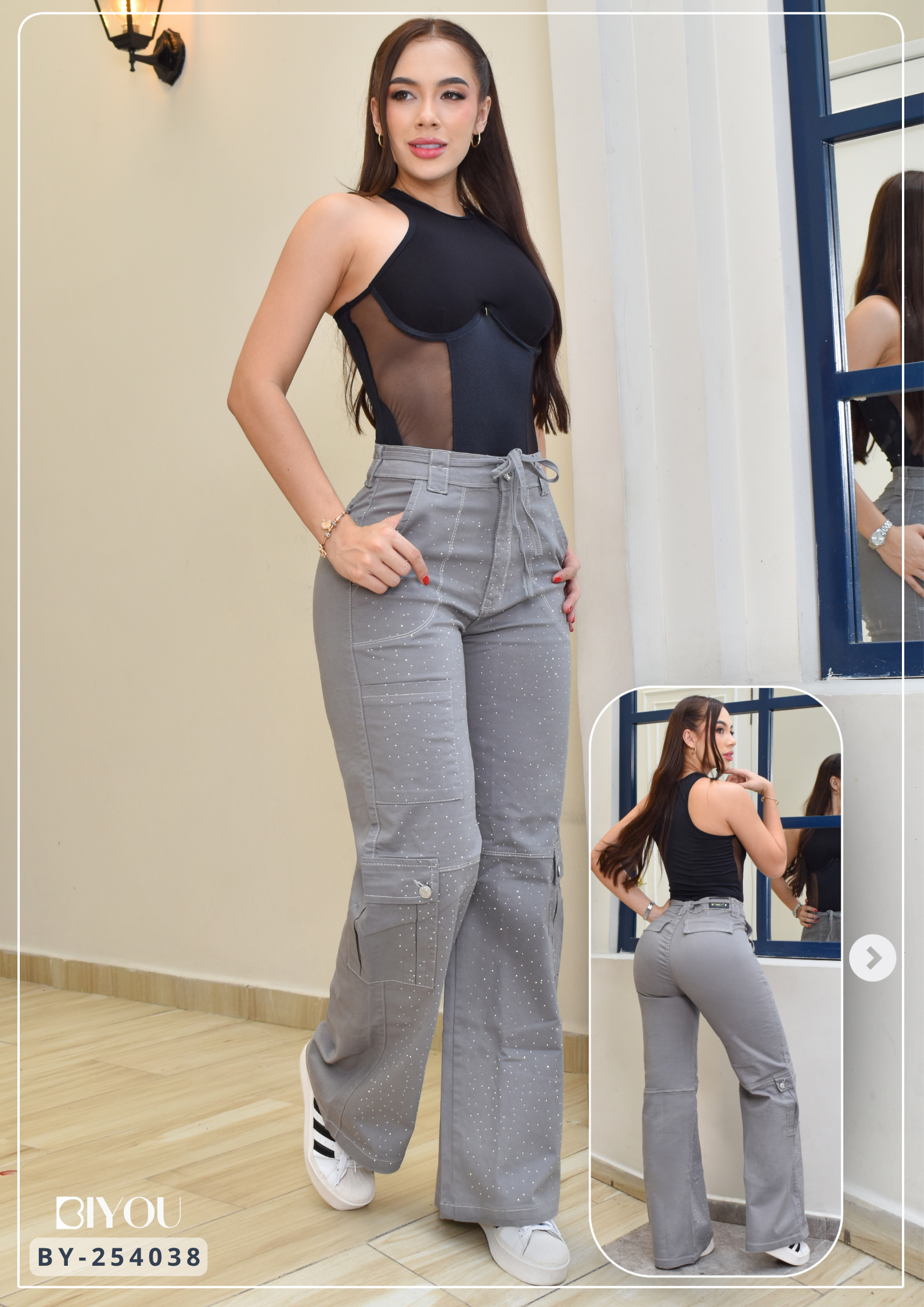 PANTALON PALAZZO CARGO CON BRILLO  REF. BY-254038