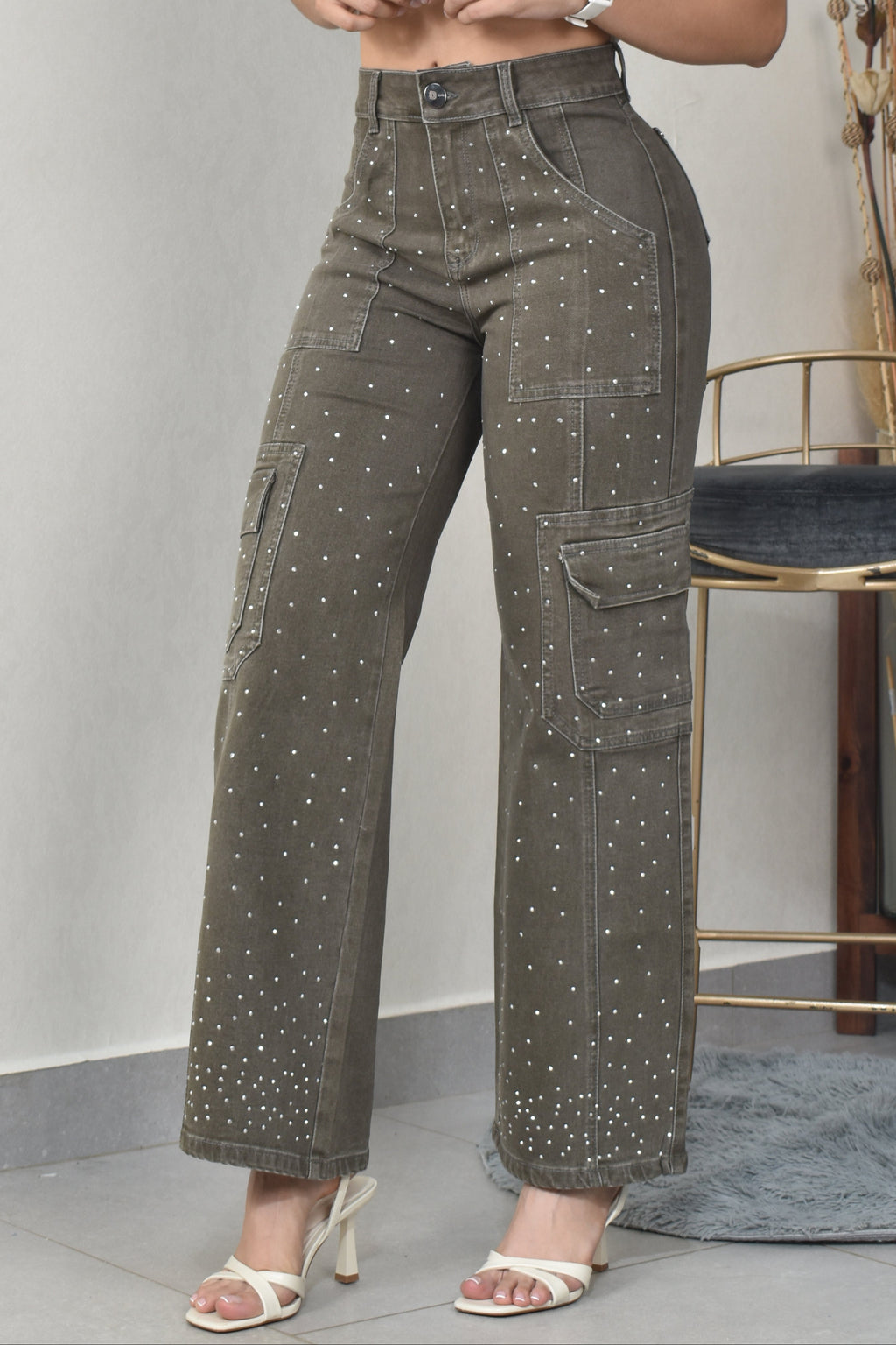 PANTALON PALAZZO CARGO CON BRILLO REF. BY-254070
