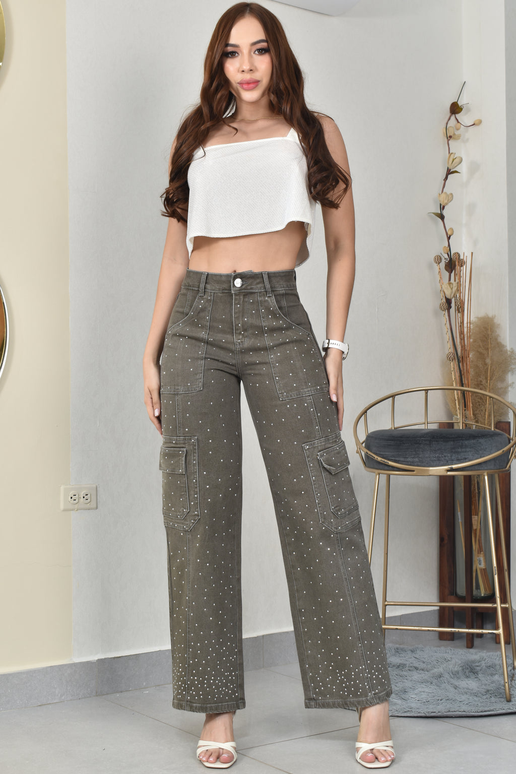 PANTALON PALAZZO CARGO CON BRILLO REF. BY-254070